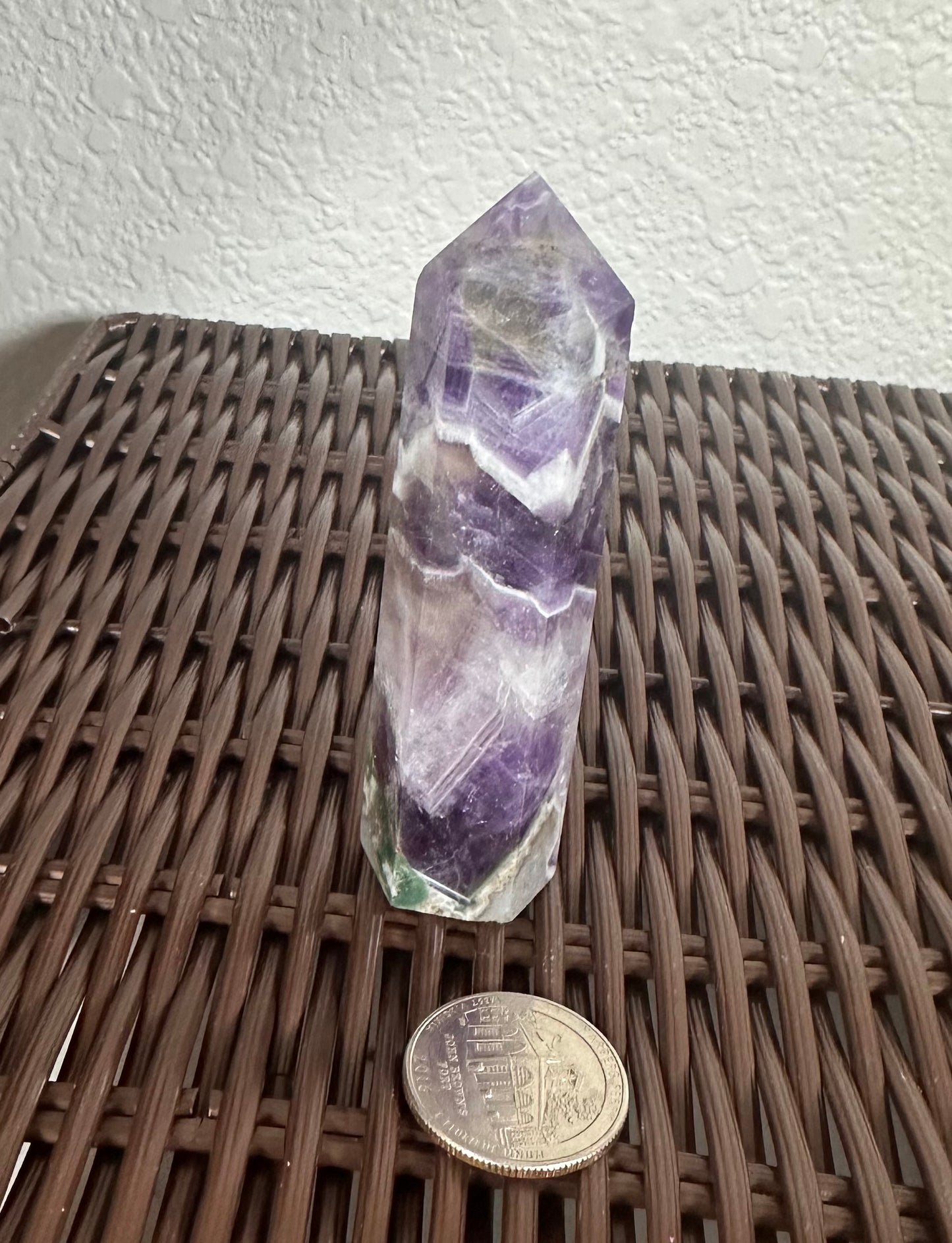 Chevron amethyst with moss agate tower