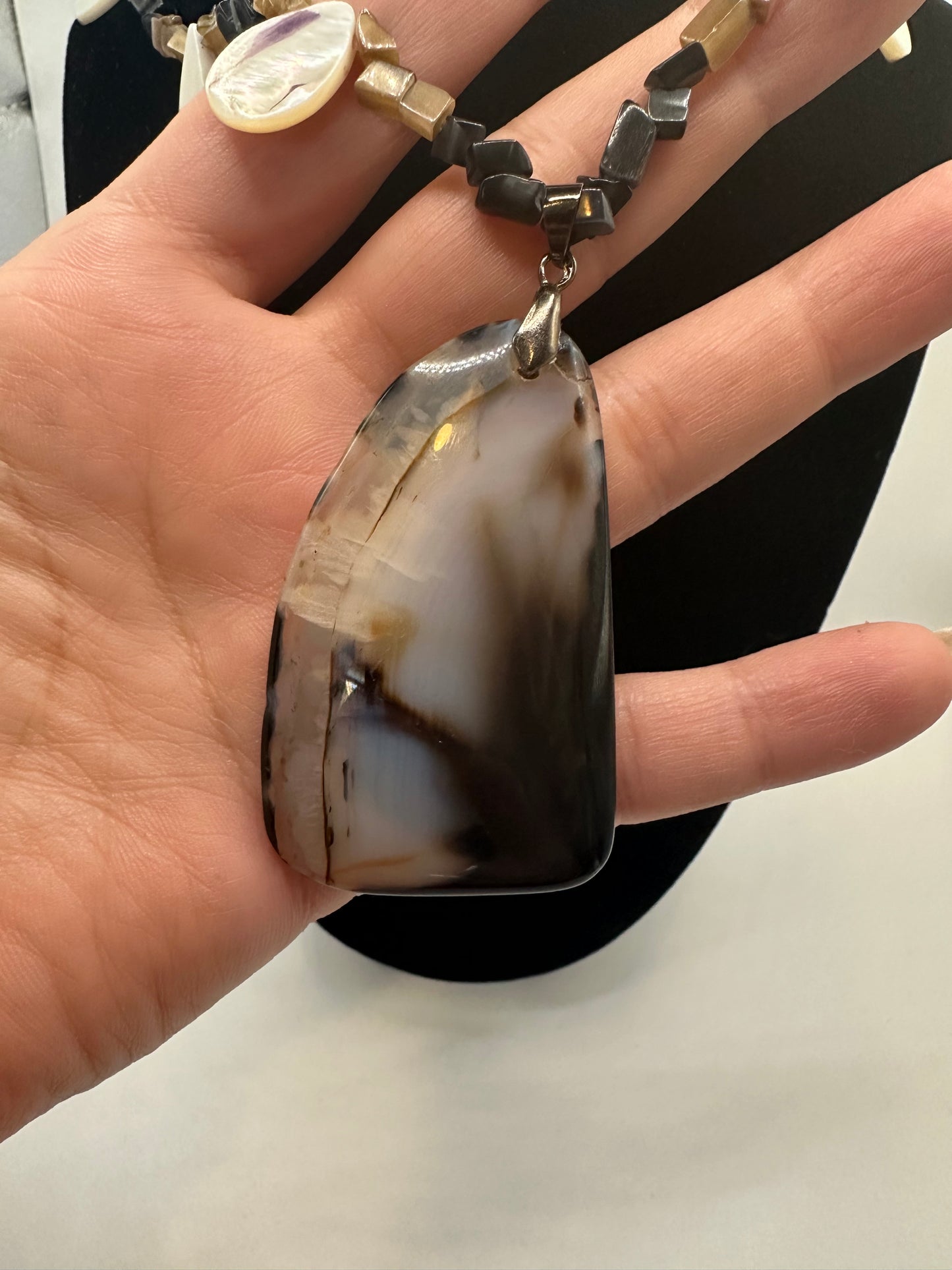 Black Agate pendant with hand beaded chain