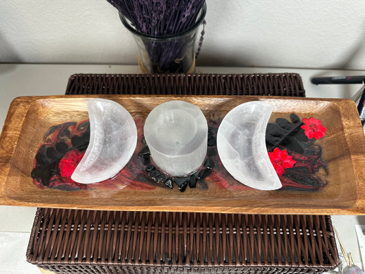 Black and red selenite moon tray