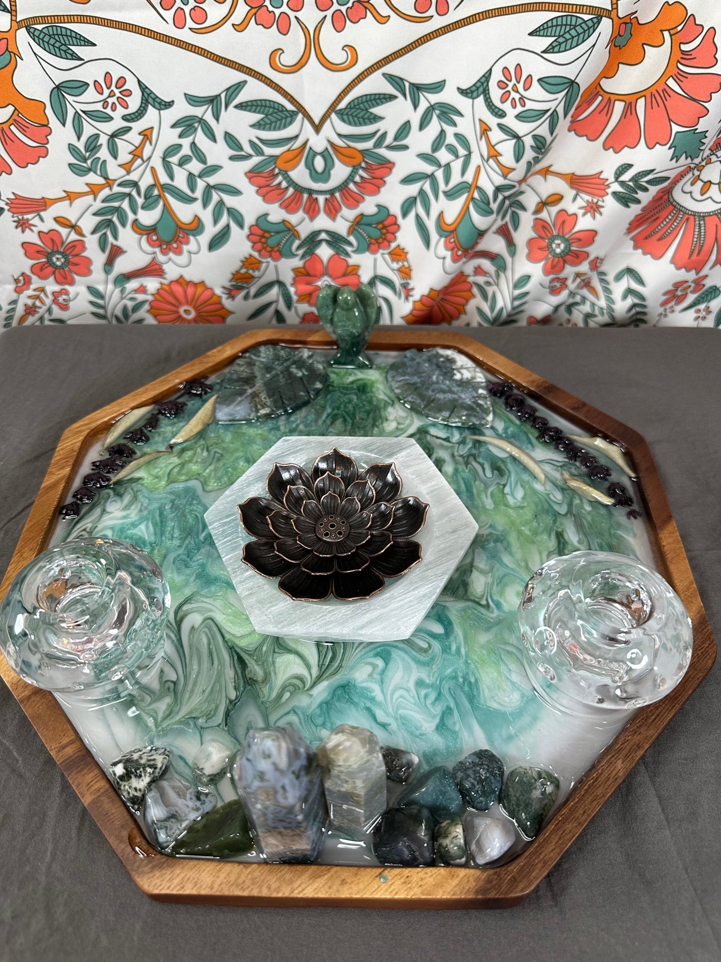 Moss Agate tray, candle holder, and incense holder