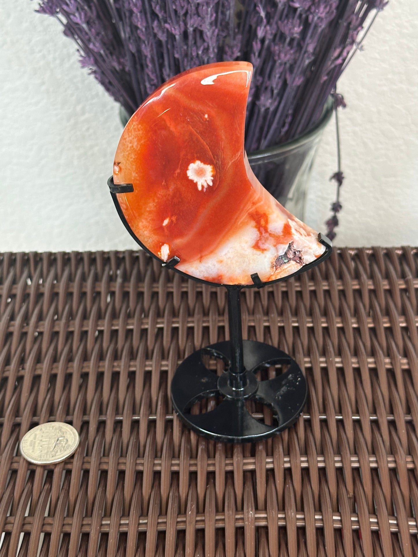 Carnelian and flower agate moon on stand