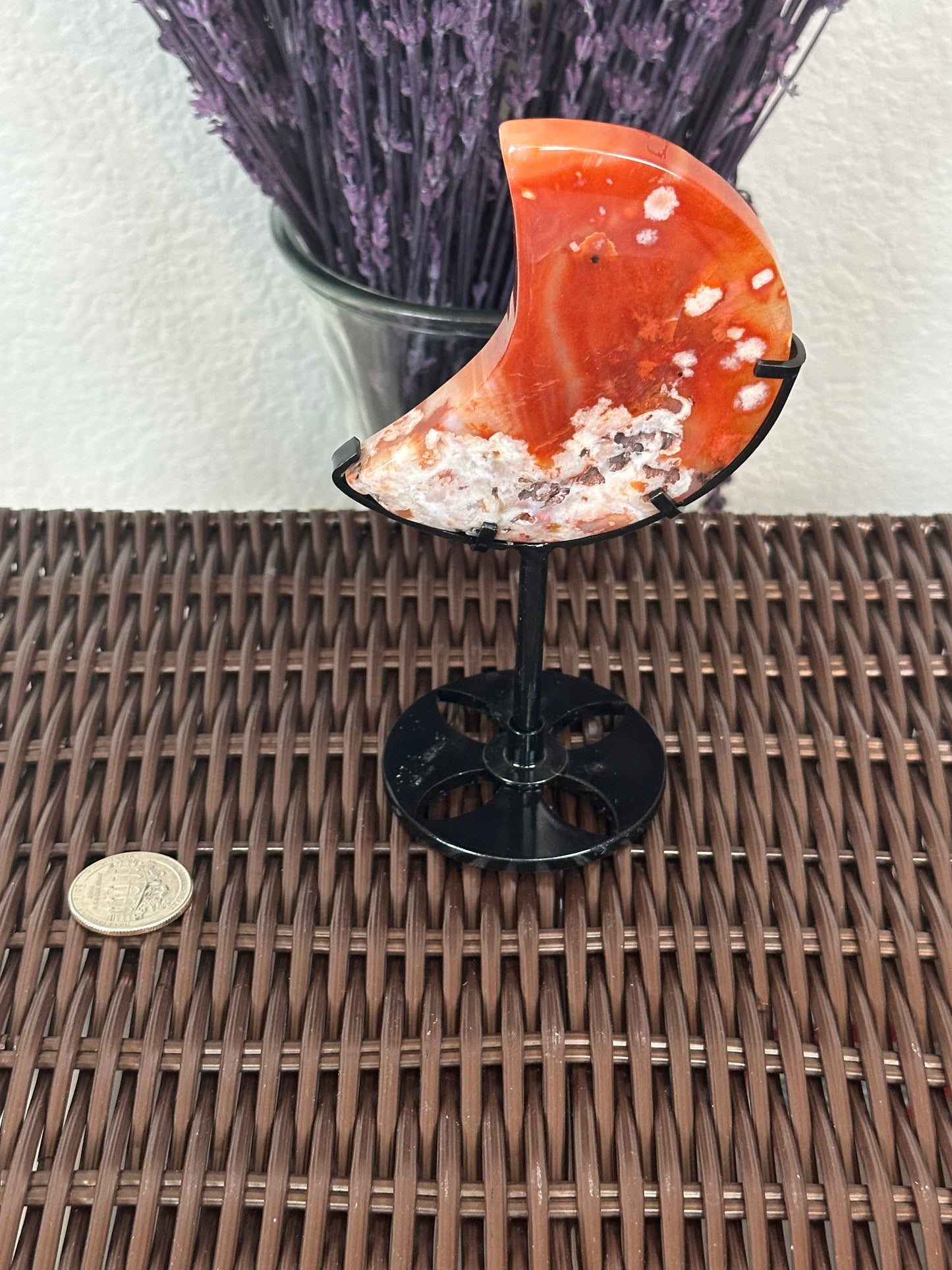 Carnelian and flower agate moon on stand