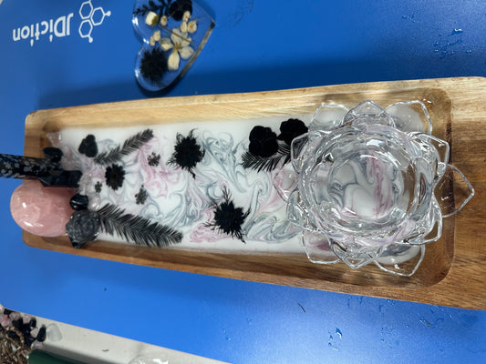 Obsidian and rose quartz tray and tea light holder